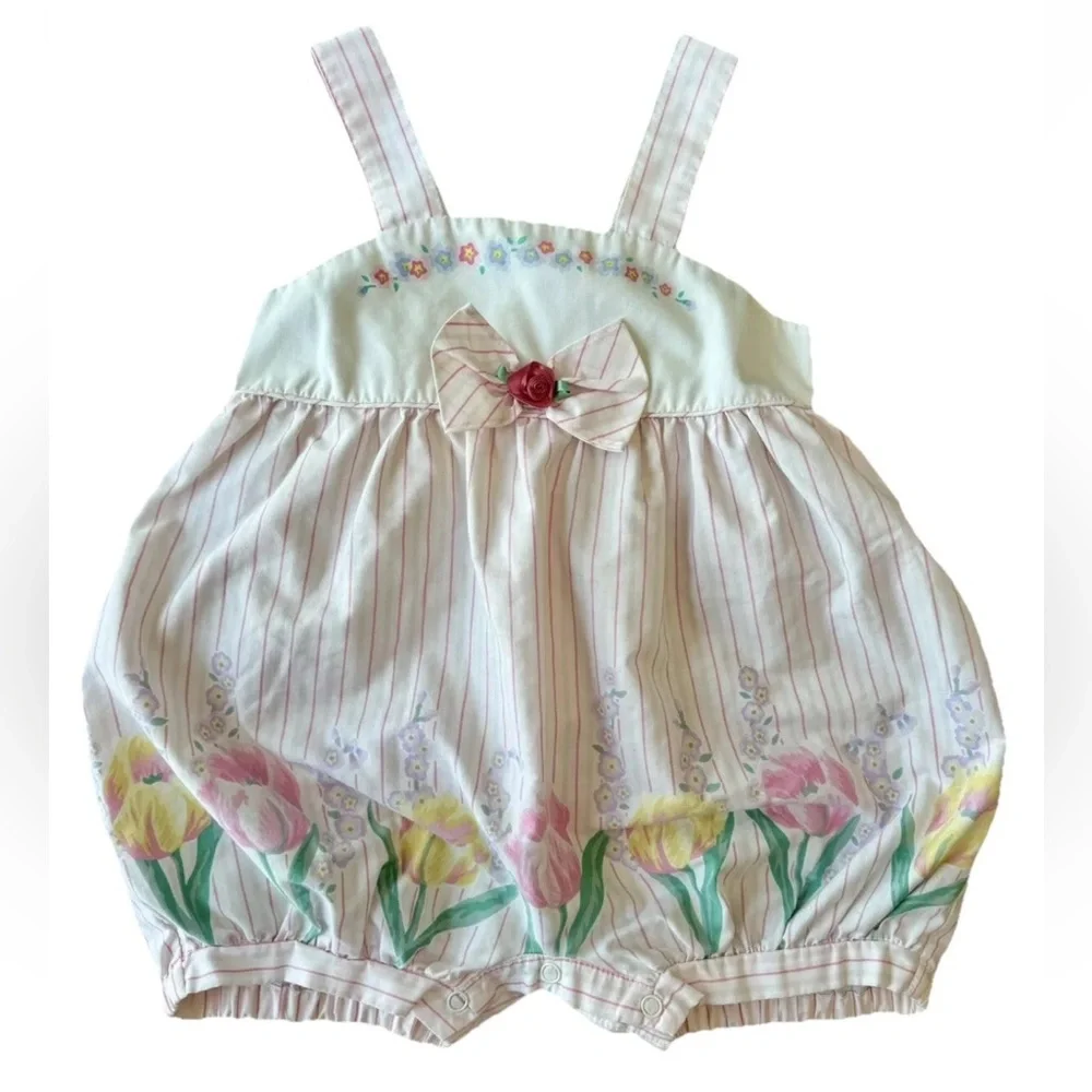 Girls VTG 90s tulip‎ & floral themed bubble pink stripes bow and rose on chest